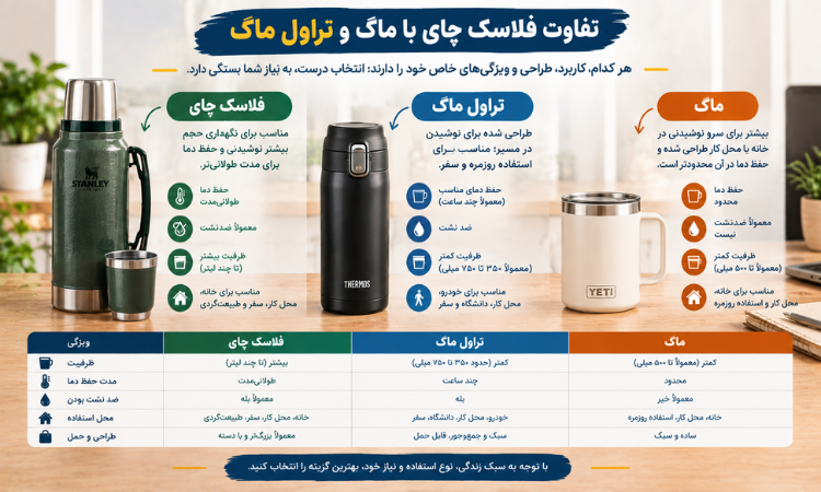 تفاوت فلاسک چای با ماگ و تراول ماگ